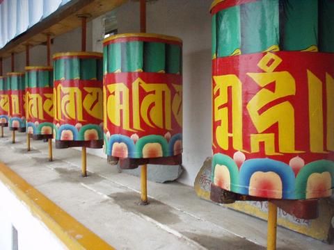 Prayer wheels at the Dip Tse-Chok Ling monastery.