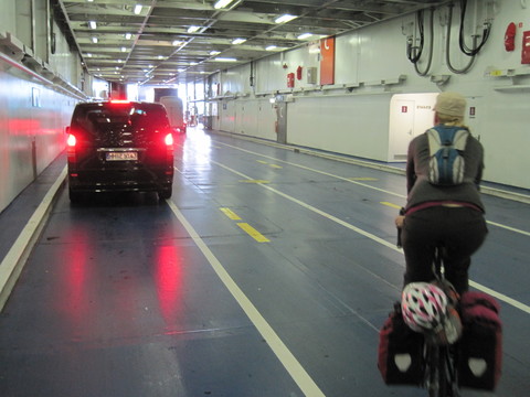 Exiting the ferry between Puttgarden, Germany, and Rodby, Denmark.  The ferry runs every half-hour around the clock.