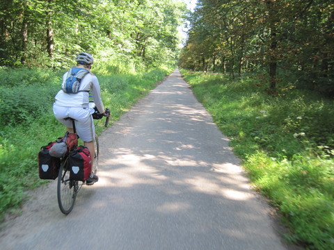 A long, straight bike path leading north from Karlsruhe, Germany.