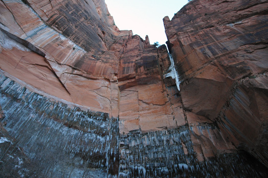 Frozen waterfall at the end of Emerald Pools trail in Zion National Park.