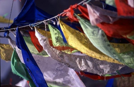 Tibetan flags on a hillside.