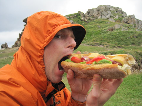 Chomping down on a fat sandwich in Bretagne.