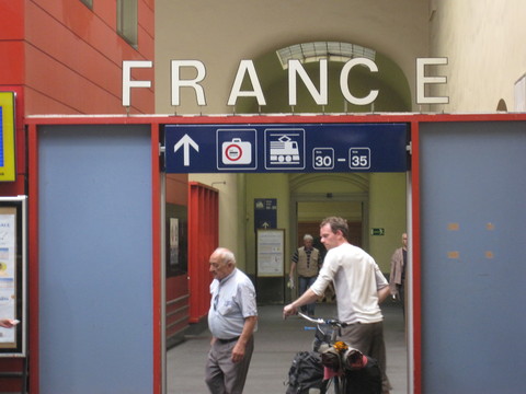 Entering the French section of the train station in Basel, Switzerland.