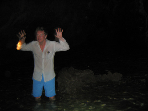 Giles Lamb, spooky man, in a cave on Floreana.