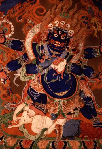 Tibetan god painted on the wall of the Gompa at Likir, Ladakh.