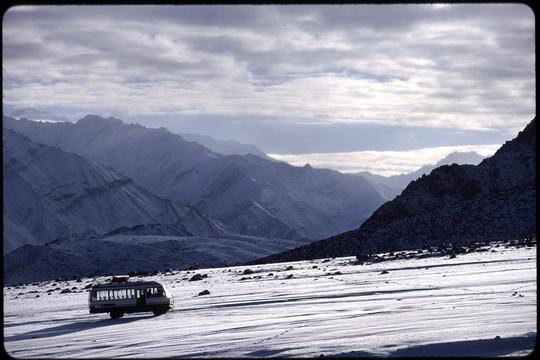 The bus from Leh to Likir, a small town in Ladakh, after it dropped me off in Likir.